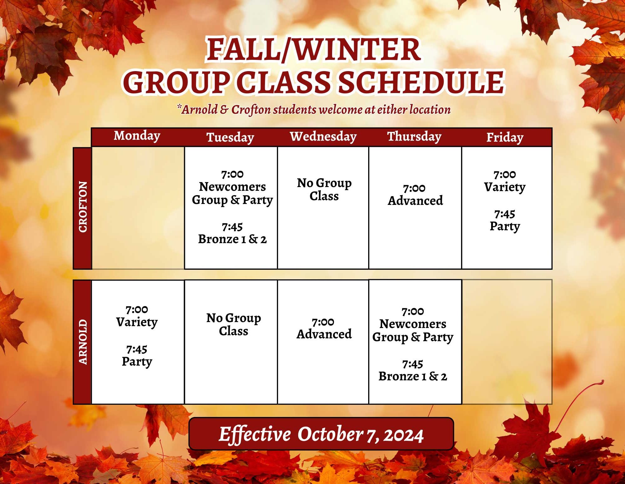 Fall Winter Schedule